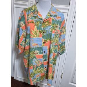 Bermuda Bay 100% Silk Hawaiian Shirt Mens XL Blue Peach Tropical Palm Flamingos